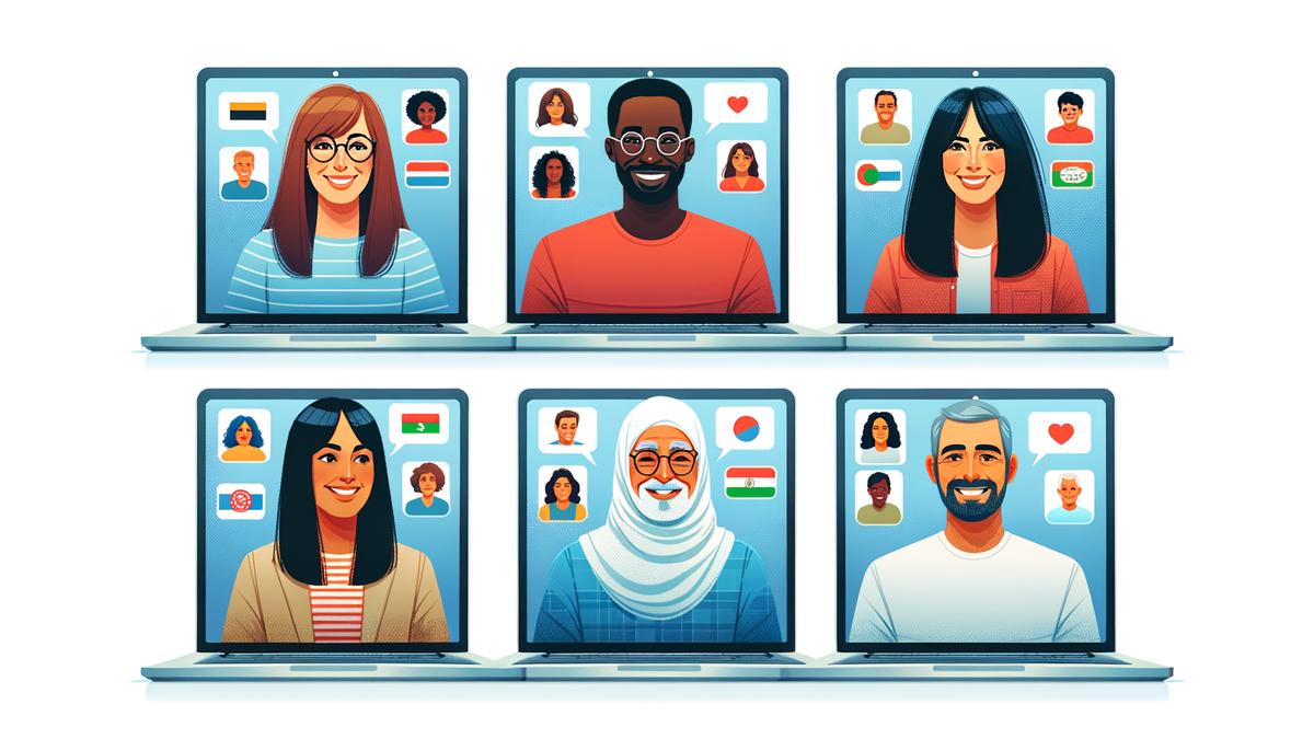 An illustration showing a diverse group of people communicating online in a positive and respectful manner