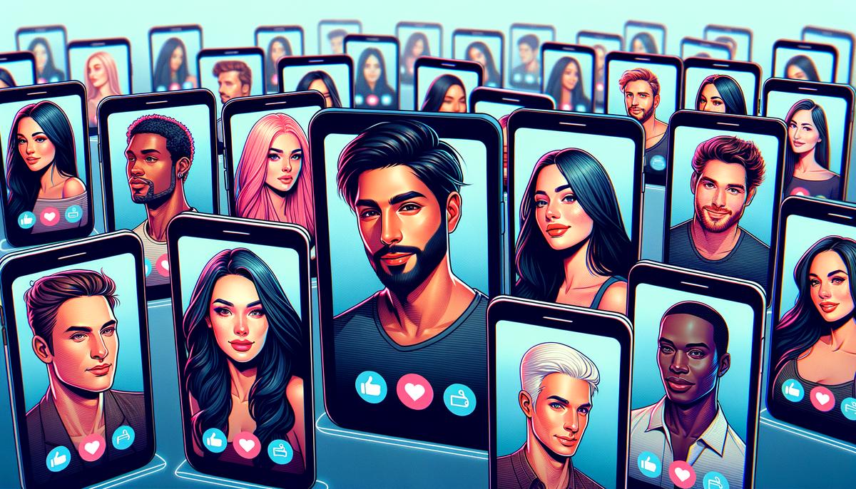 A diverse group of people shown on the screens of various mobile devices, symbolizing the concept of online dating for celebrities