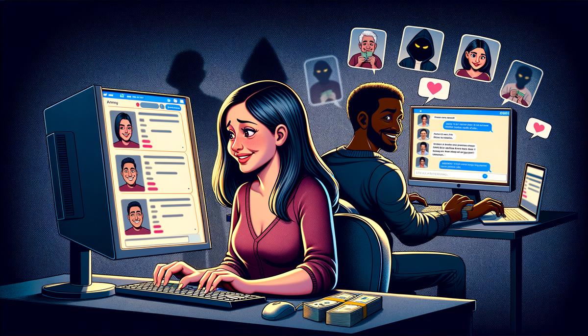 Illustration of a person being deceived in an online romance scam