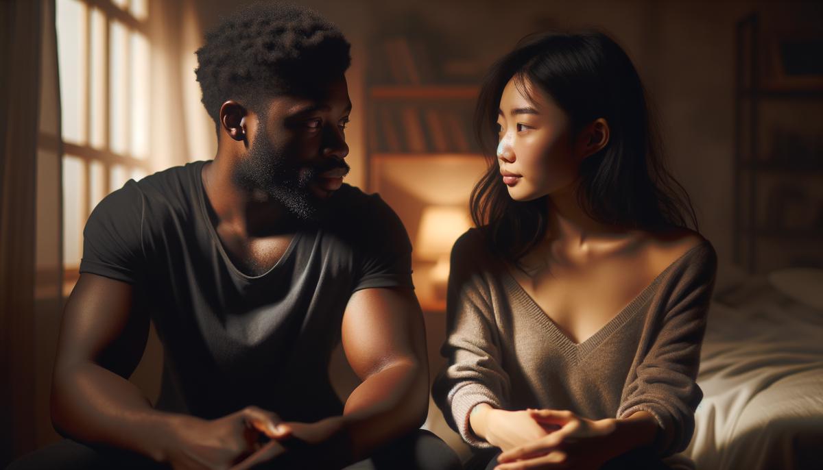 A couple sitting together, engaging in a deep conversation to maintain a strong connection in their relationship